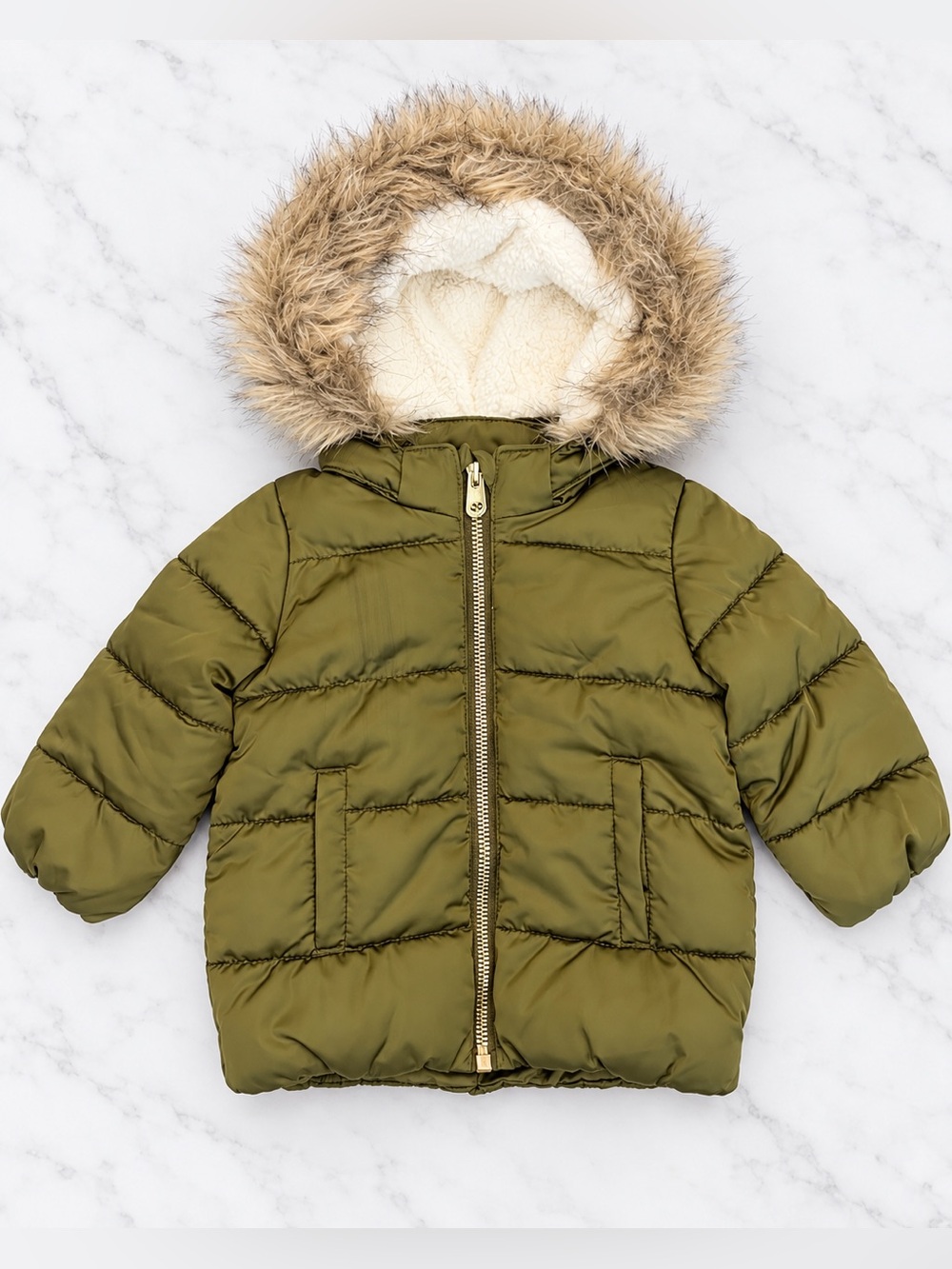 H&M Baby Olive Green Faux Fur Hooded Puffer Winter Jacket 4-6M